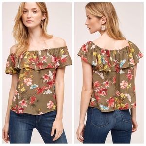 Anthropologie Maeve Olive Off the Shoulder Floral Print Blouse Top Size Medium